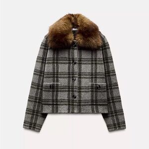 Zara Gray Plaid Pea Coat with Faux Fur Collar